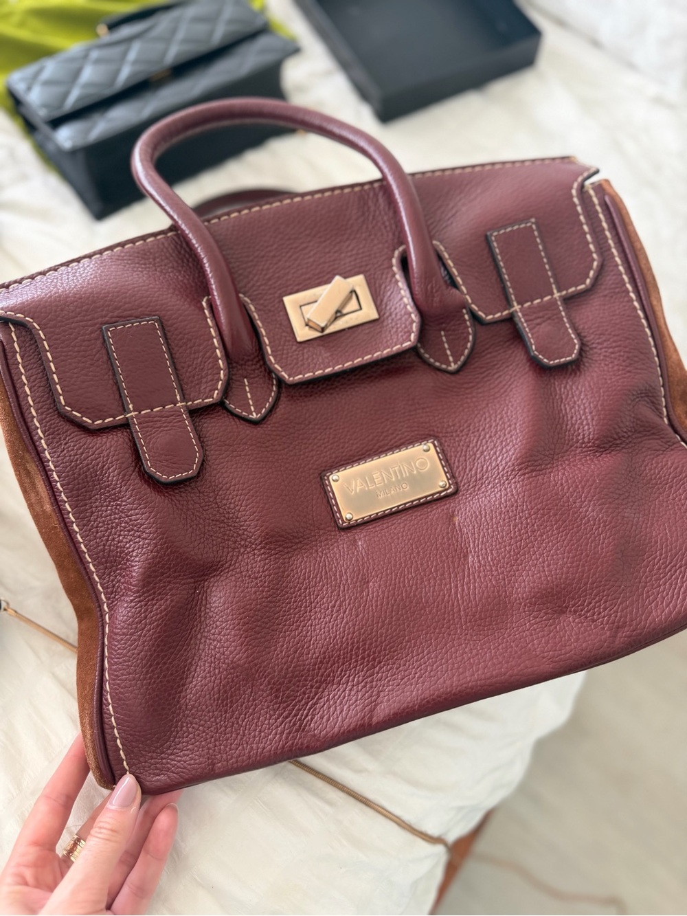 Mario Valentino Burgundy Leather Satchel with Gold Plaque